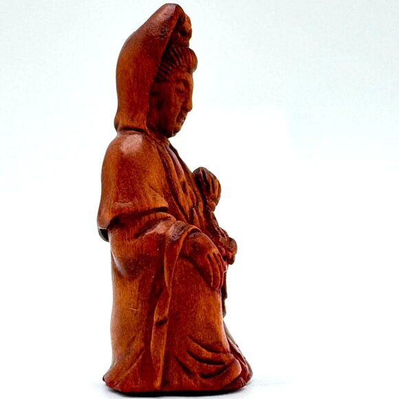 Ojime Bead Netsuke Kuan Yin Guanyin Quan Yin Hand-Carved Boxwood Signed Figurine - Picture 6 of 8